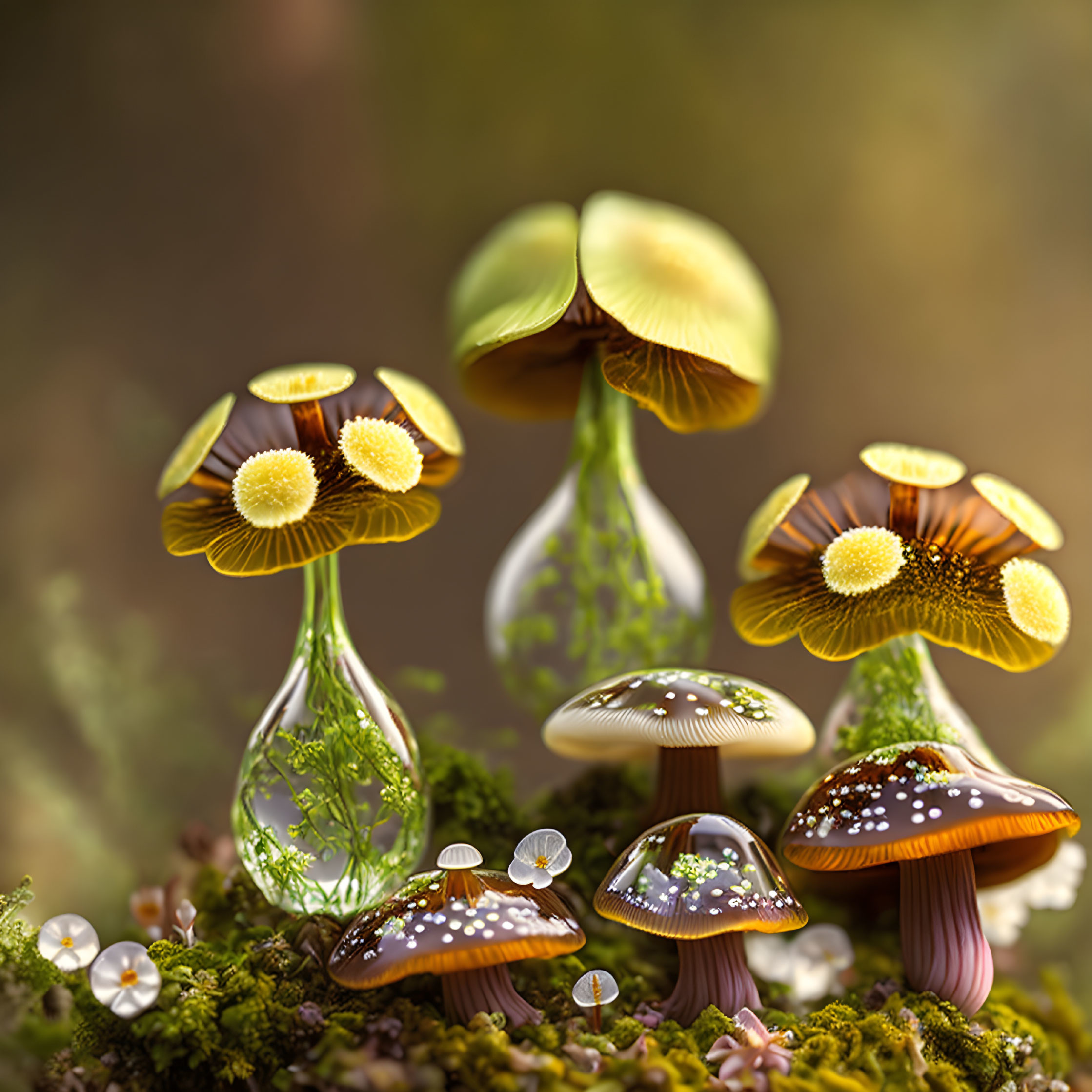 Detailed fantasy illustration of vibrant mushrooms in mystical forest