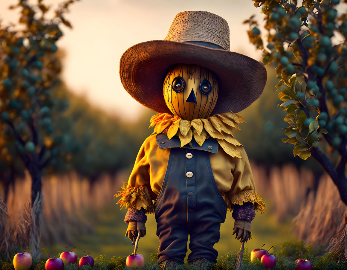 Scarecrow with Pumpkin Head in Apple Orchard at Twilight