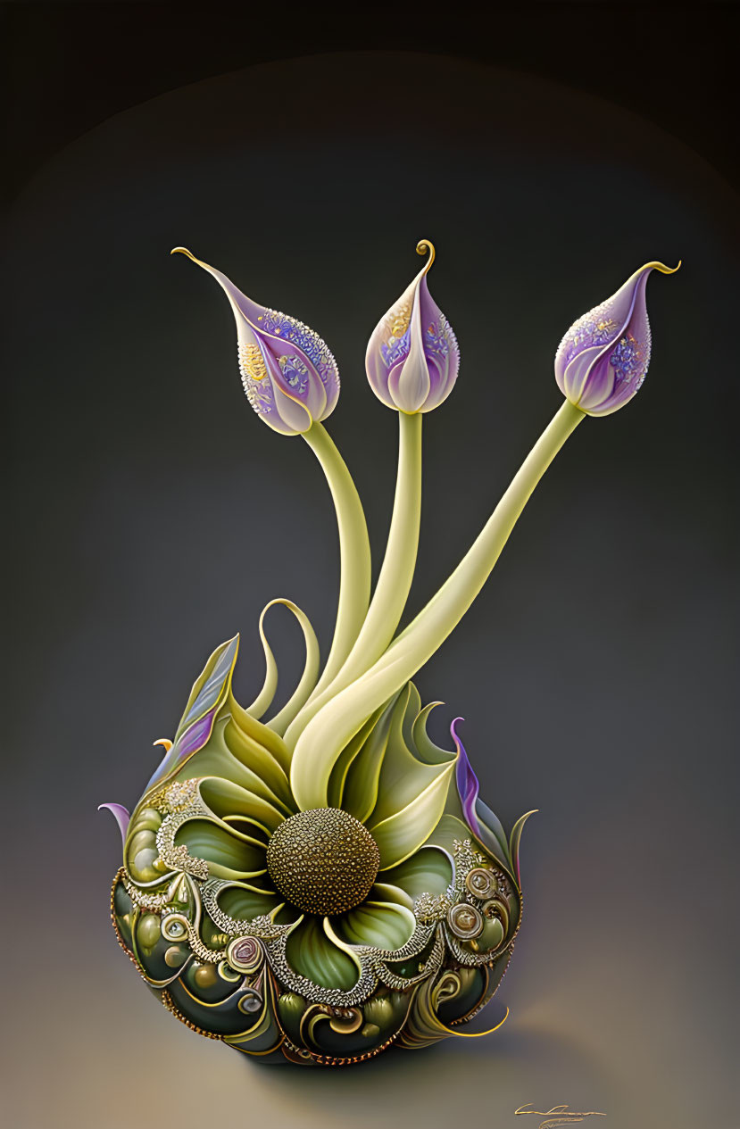 Surreal digital painting of blooming purple calla lilies