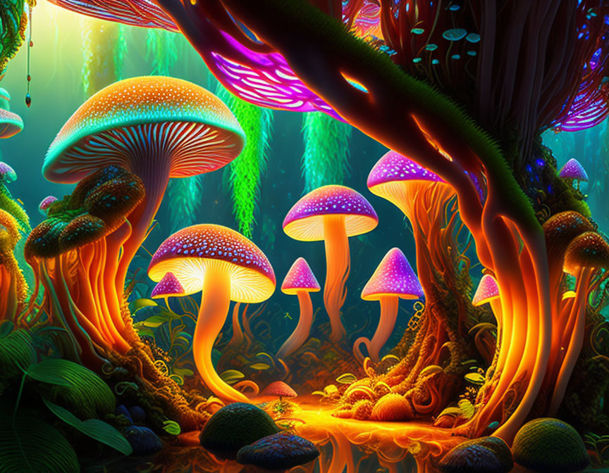 Fantasy forest with luminescent mushrooms and ethereal plant life