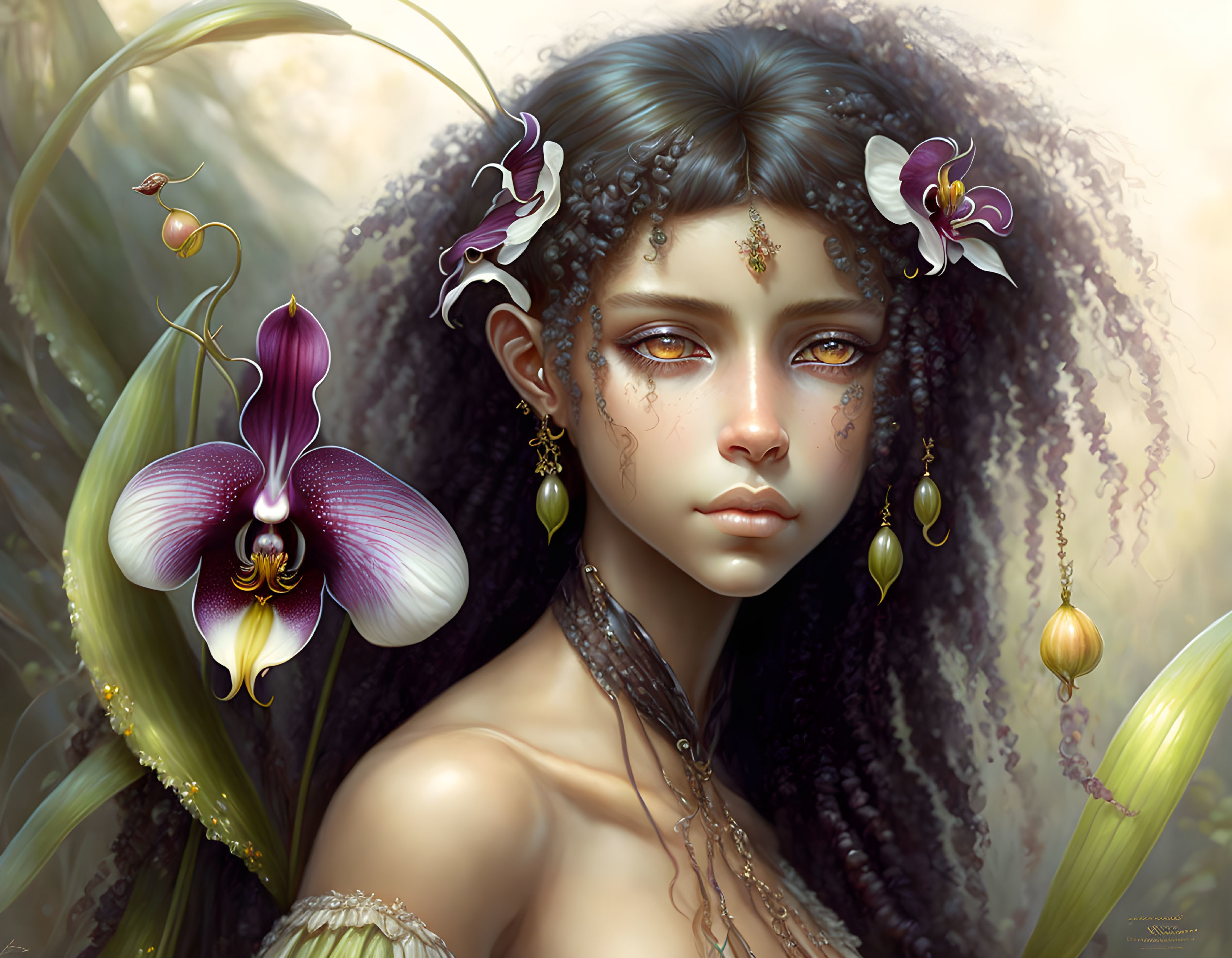 Digital artwork: Young woman with curly hair, orchid flowers, and golden jewelry.