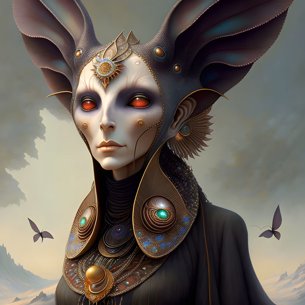 Digital painting of mystical figure with decorative headpiece, large ears, ornate collar, and butterfly-like