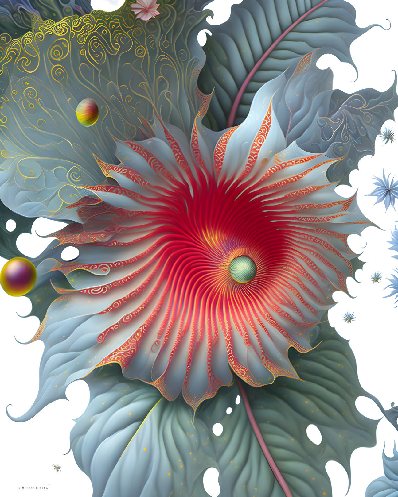 Vibrant red and orange flower surrounded by fluid blue-grey leaves on white background