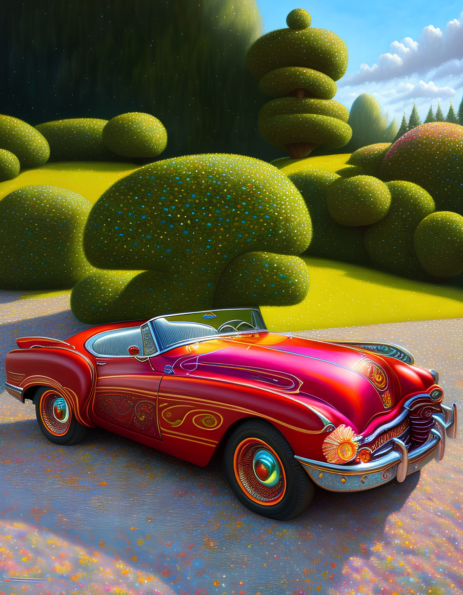 Colorful Illustration of Red Convertible on Whimsical Landscape