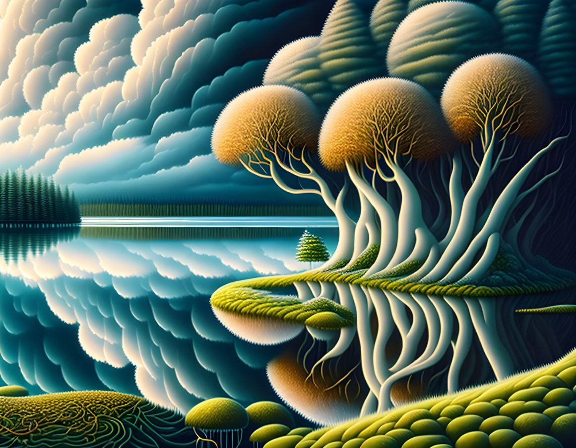 Surreal landscape with stylized trees, glassy lake, undulating hills, and patterned