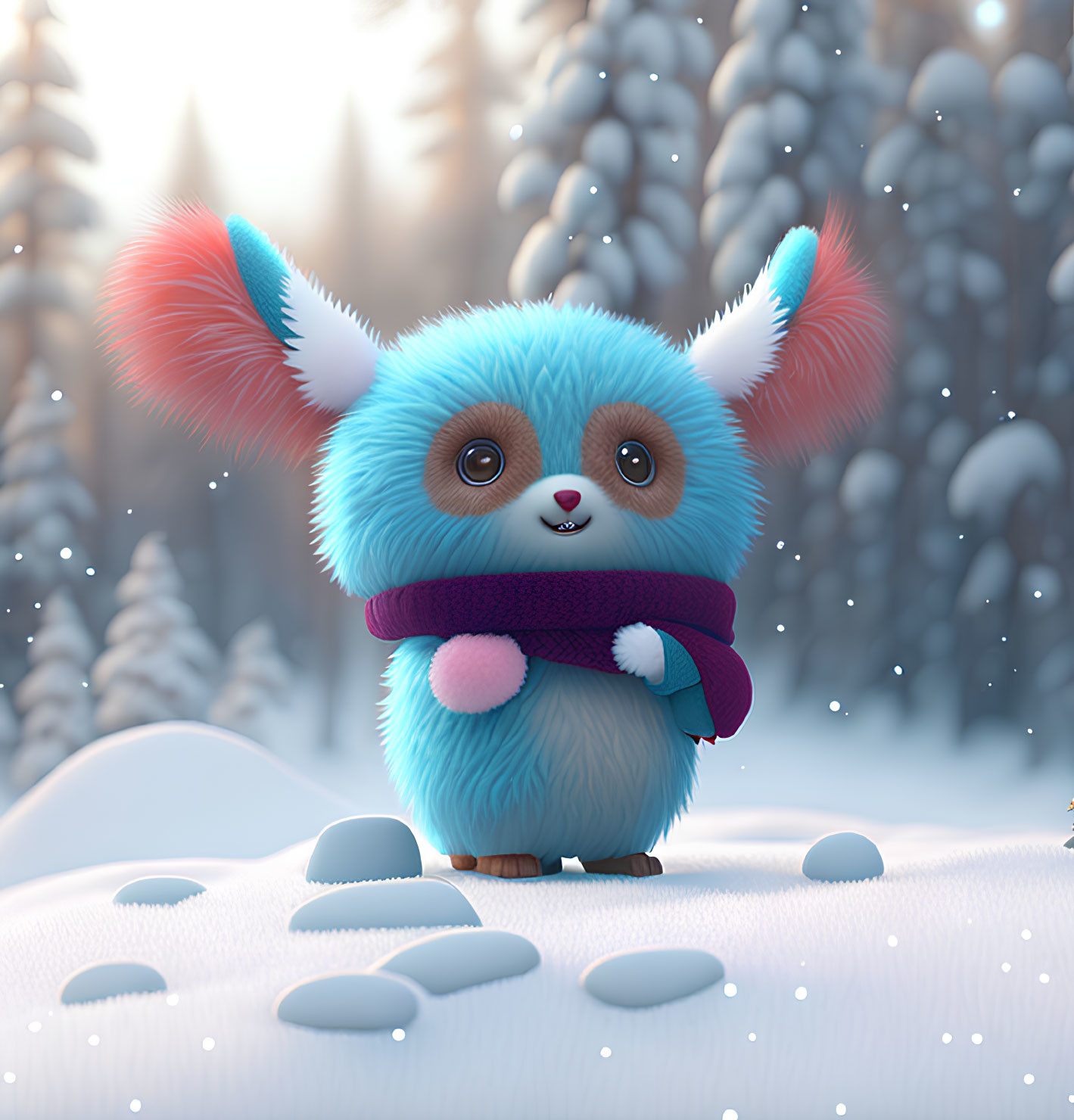 Blue Creature with Pink Ears in Purple Scarf on Snowy Ground