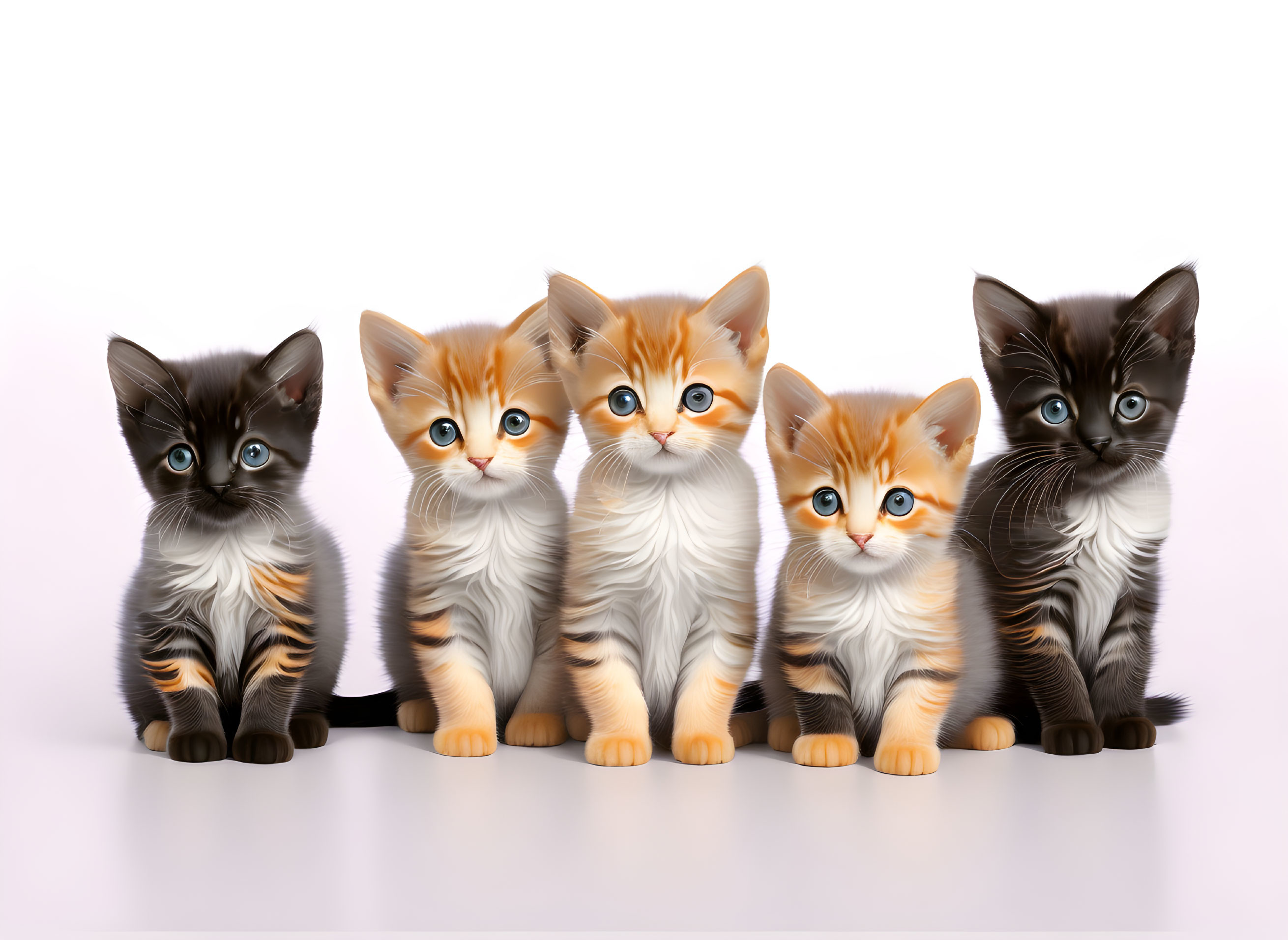 Adorable kittens with different fur patterns on pink backdrop