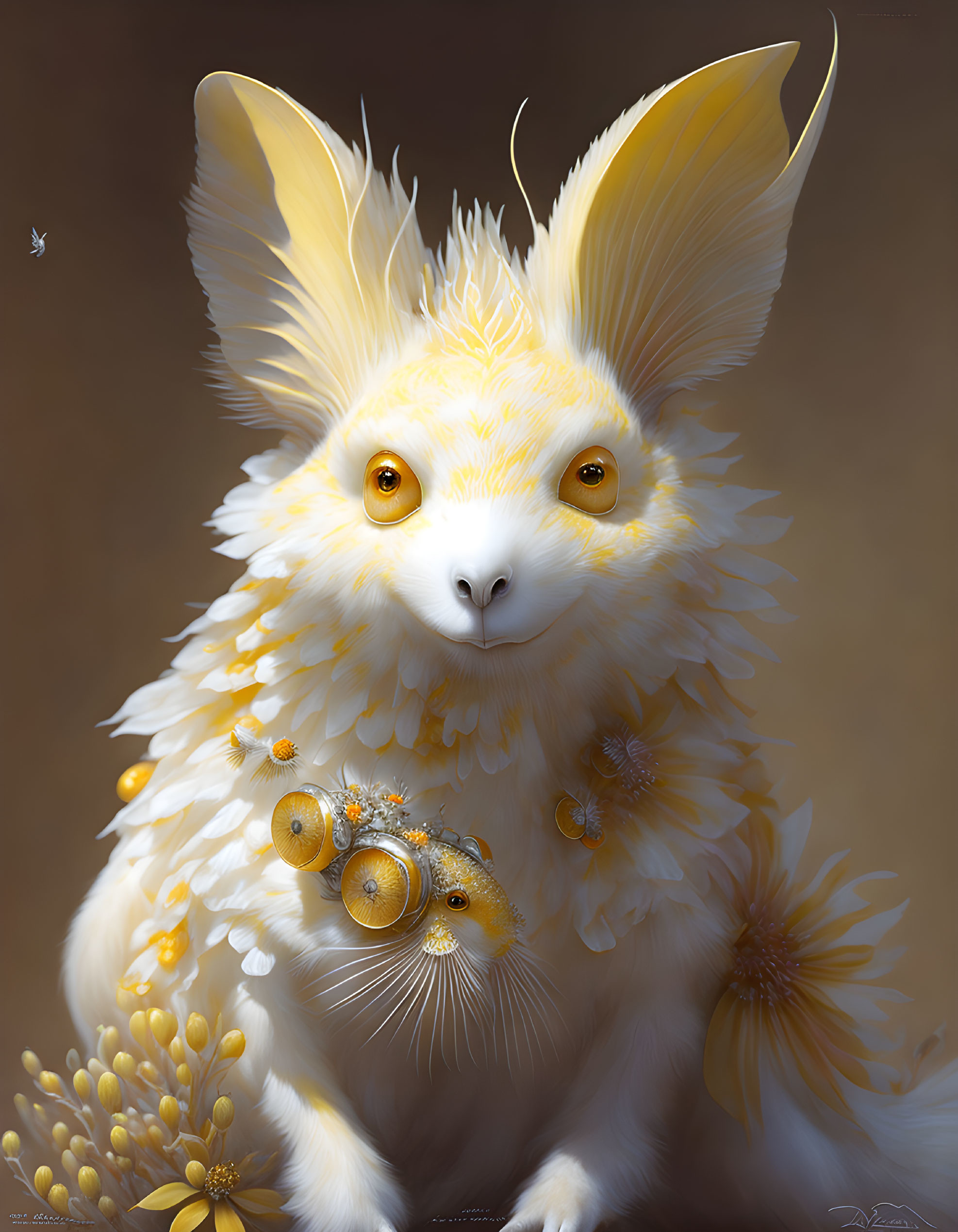 Whimsical white and yellow creature with large ears and bright eyes