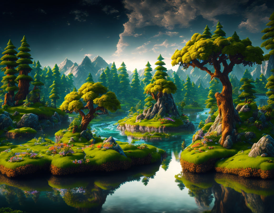 Vibrant fantasy landscape with green trees, colorful flora, serene river, and distant mountains under warm