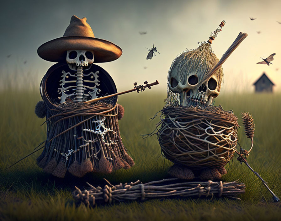 Whimsical skeleton figures with guitar in grassy field