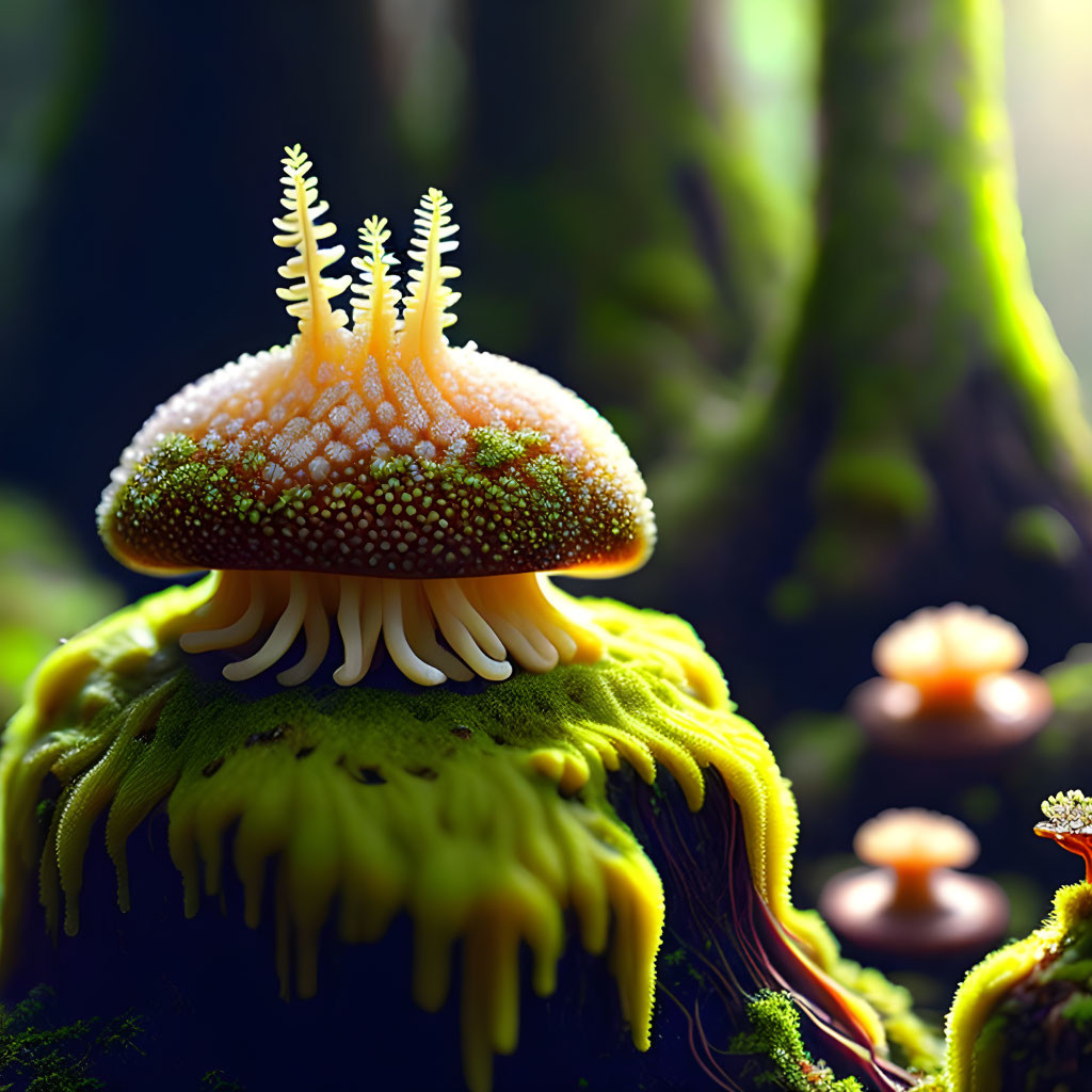 Colorful Jellyfish-like Mushroom with Beads and Tendrils on Mossy Surface