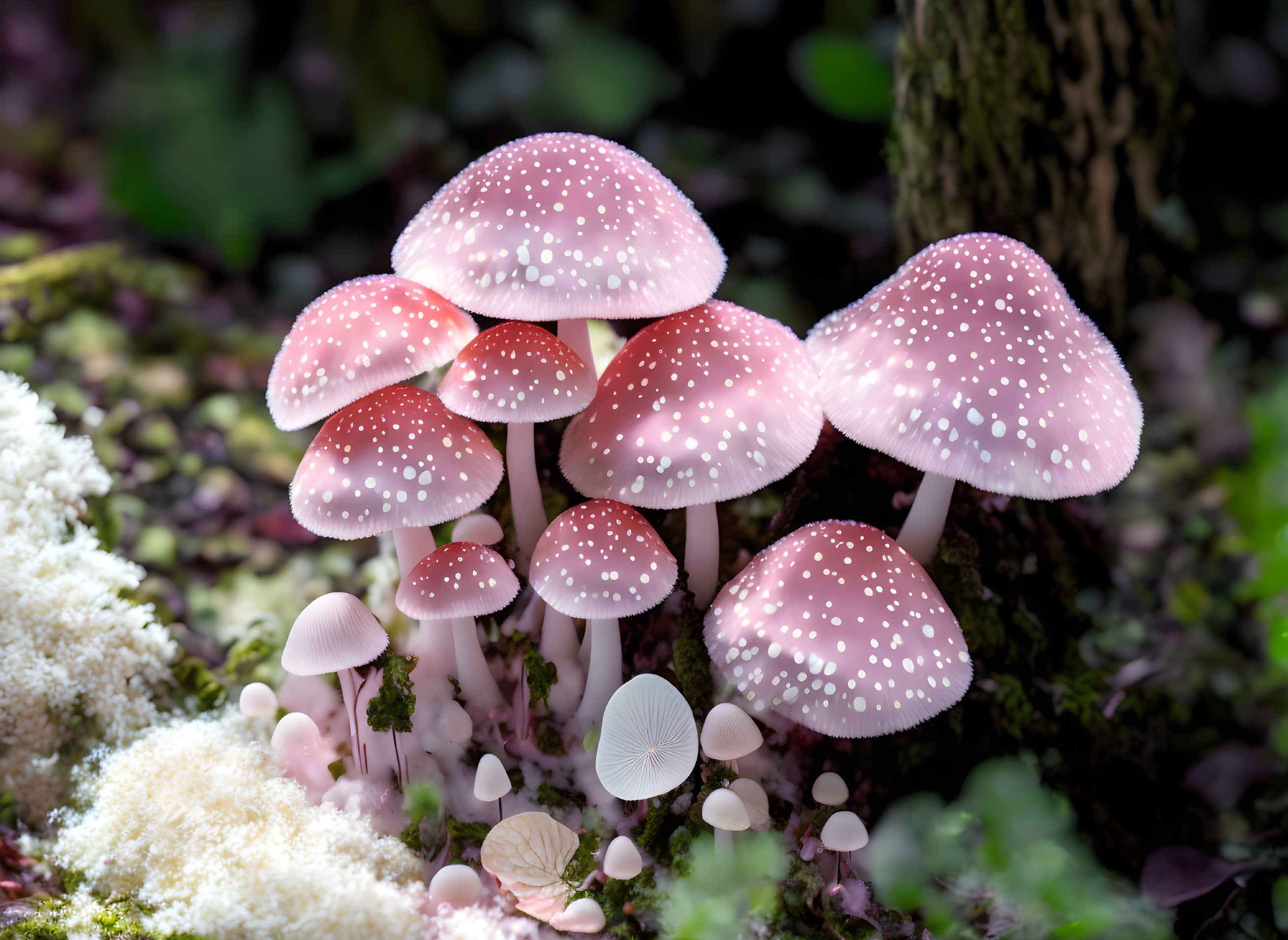 Pink and White Speckled Mushrooms in Forest Setting