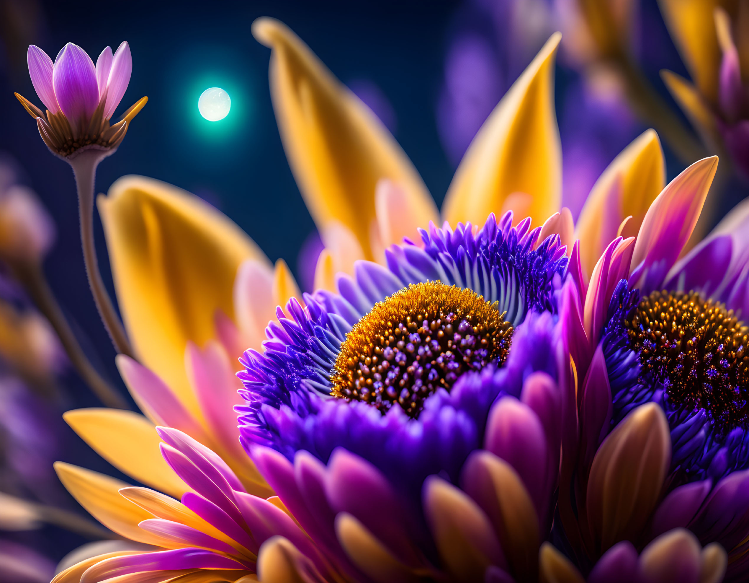 Colorful Purple and Orange Flowers Against Blue Background with Moon-like Orb