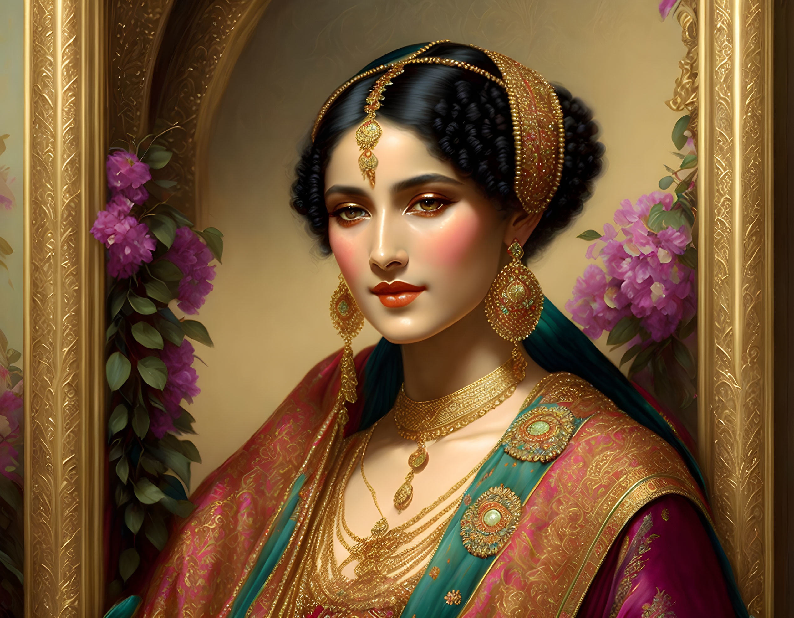 Traditional Indian Jewelry and Attire Portrait Beside Purple Flower Mirror