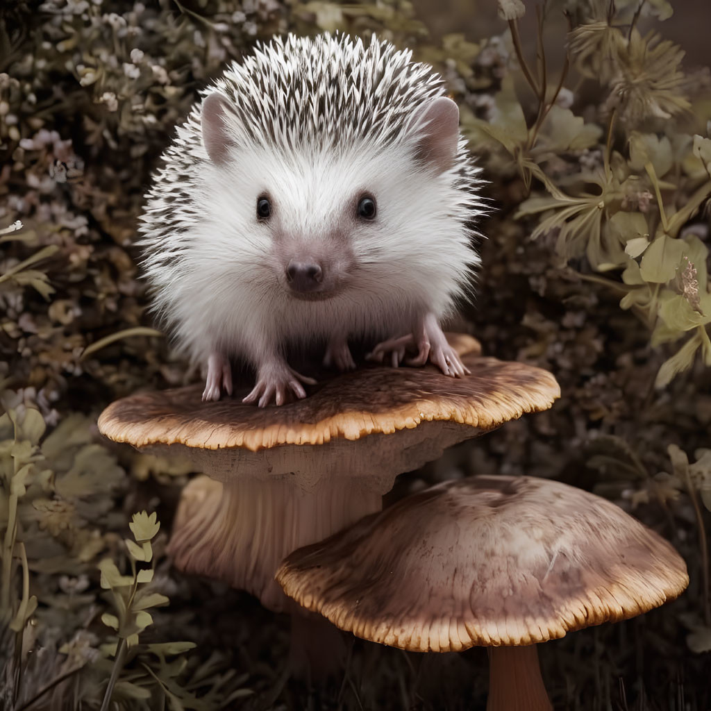 Adorable hedgehog on mushrooms in sepia forest