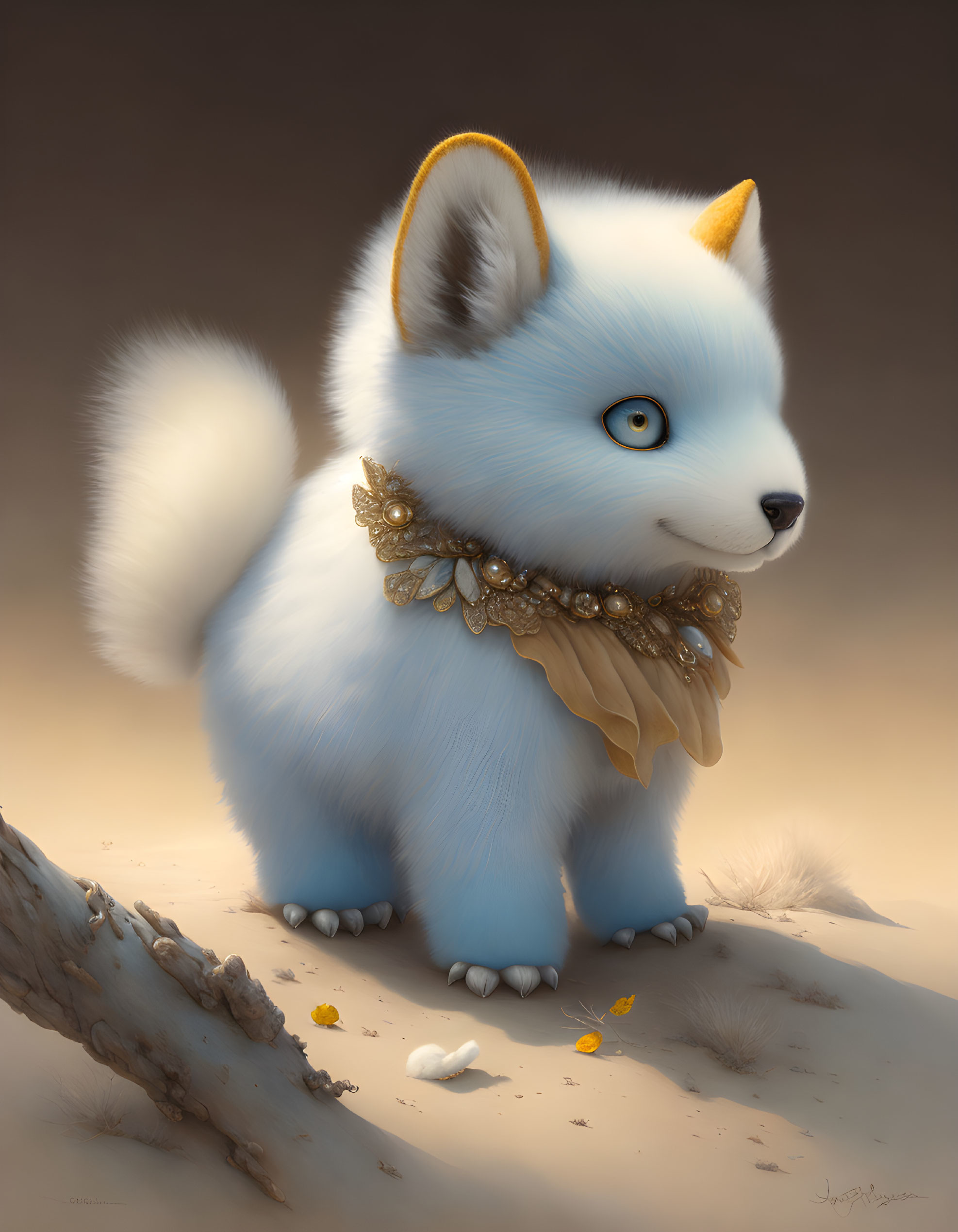 Whimsical white fox with golden horn and blue eyes next to fallen leaves