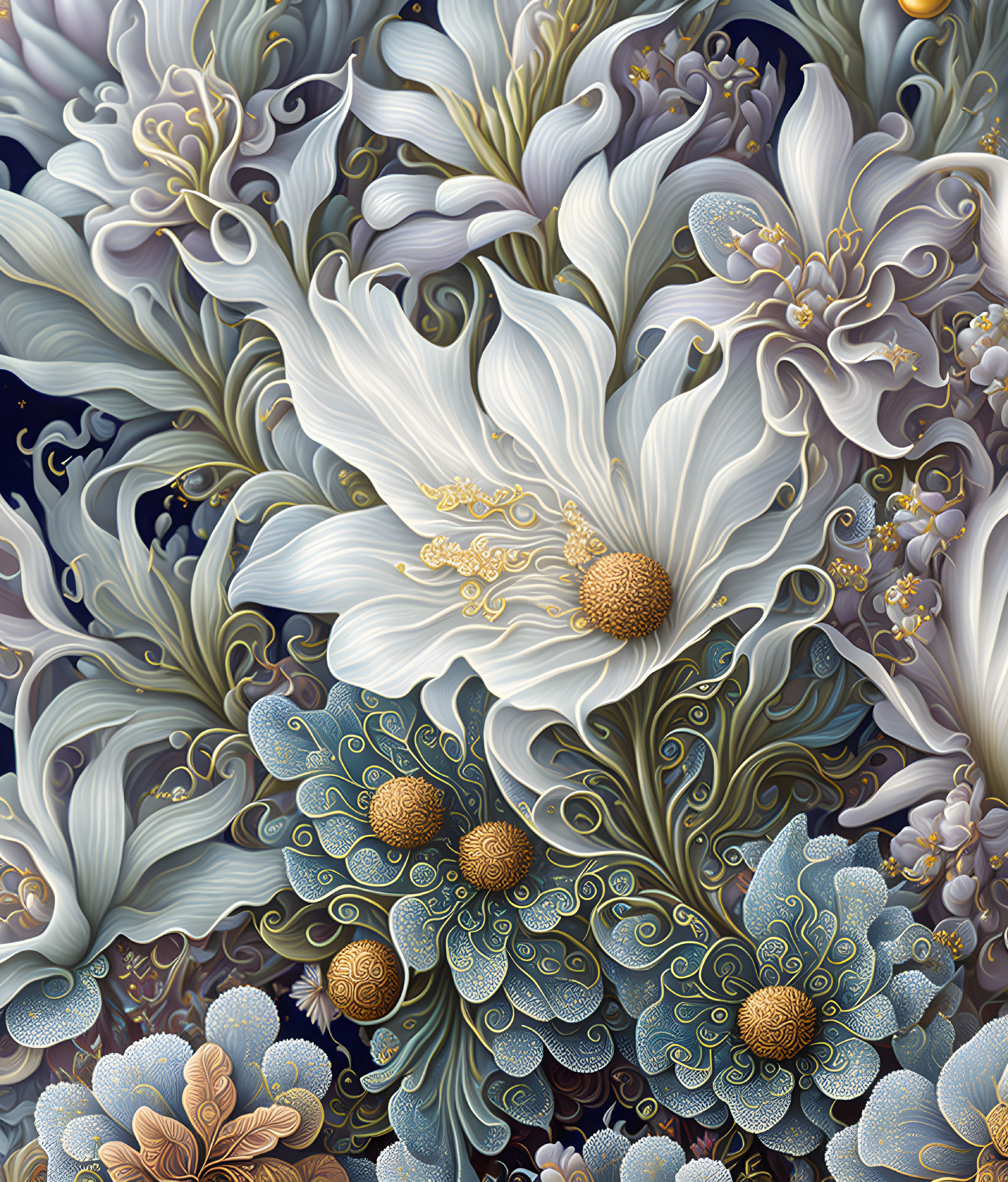 Detailed Ornate Floral Illustration with White Petals and Gold Accents