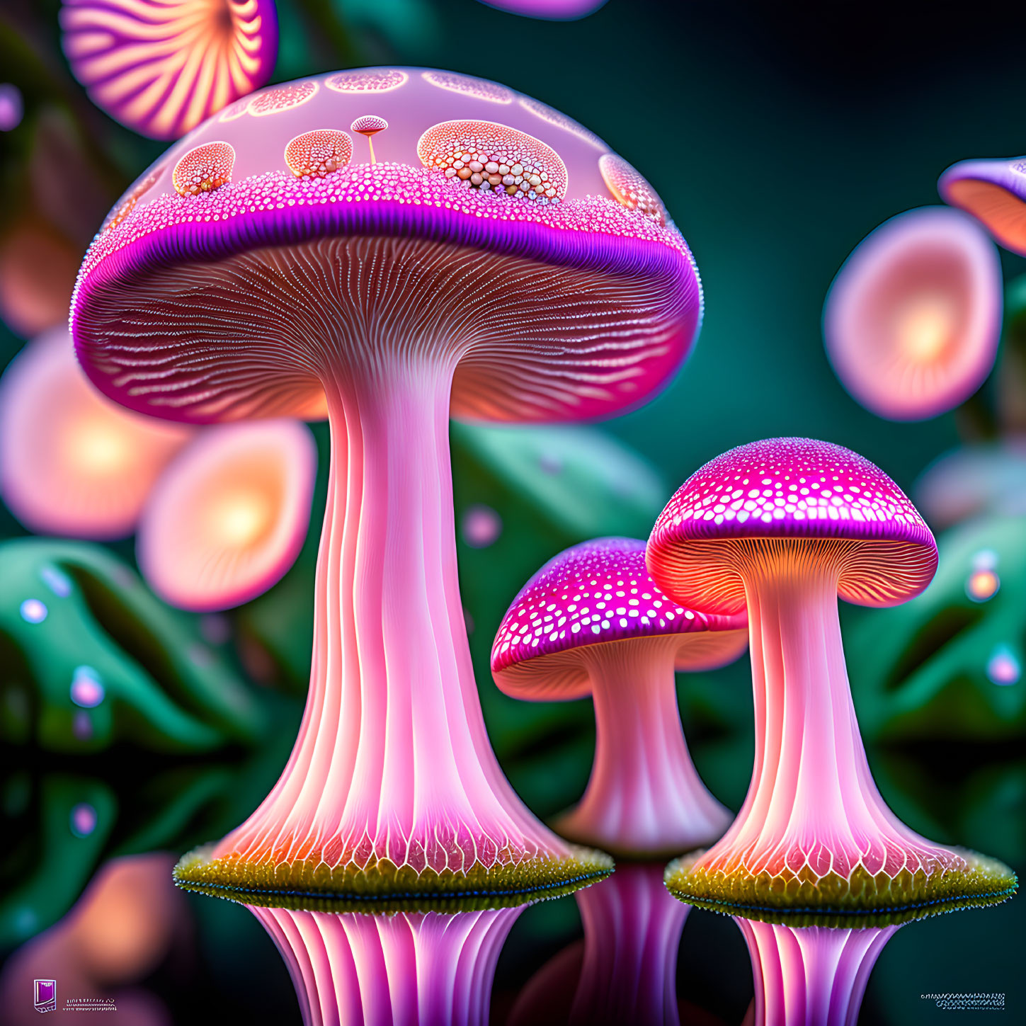 Colorful Stylized Mushroom Art with Glowing Undersides on Bokeh Background