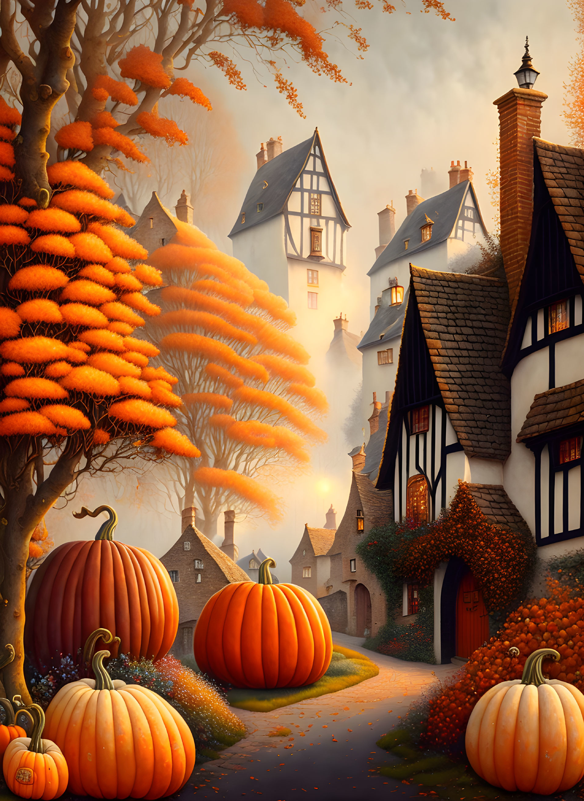 Orange-leaved trees, pumpkins, Tudor-style houses in cozy autumn setting