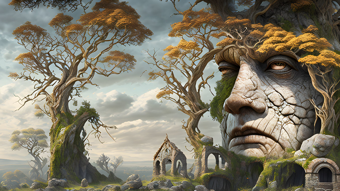 Mystical fantasy landscape with giant face and ruins