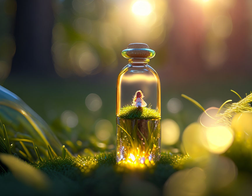 Miniature woman in transparent bottle on moss in sunlit backdrop