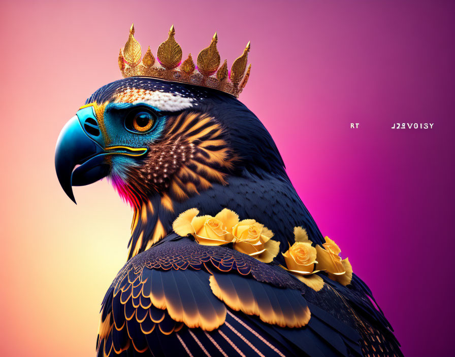 Regal eagle with gold crown and roses on pink-purple gradient.