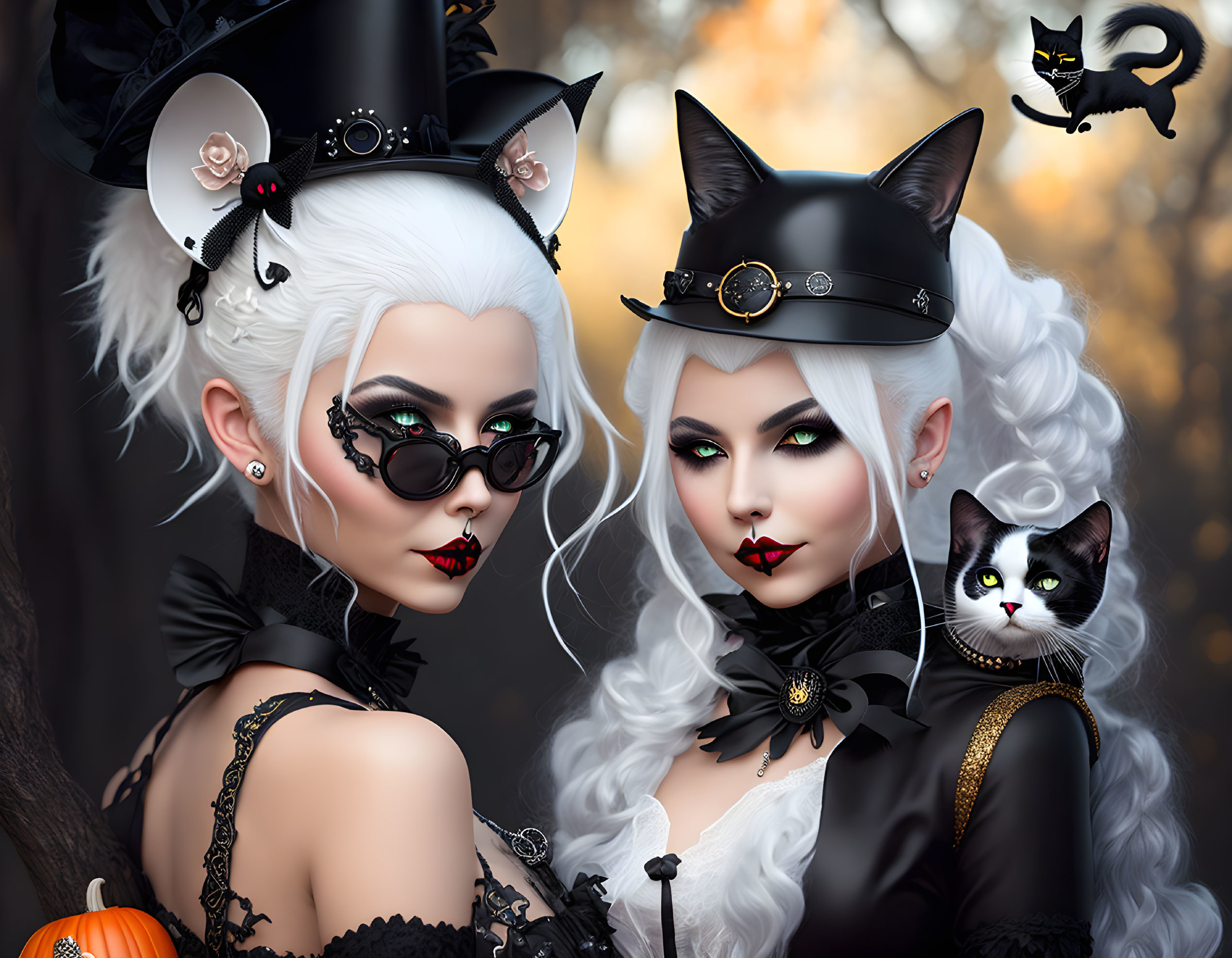 Two women in black and white cat-themed attire with matching makeup and illustrated cats.