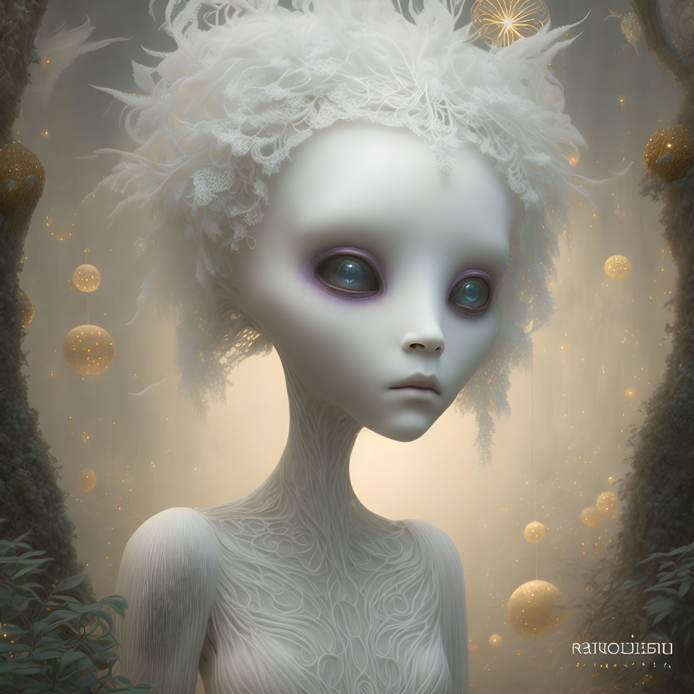 Ethereal figure with violet eyes in mystical forest with golden orbs