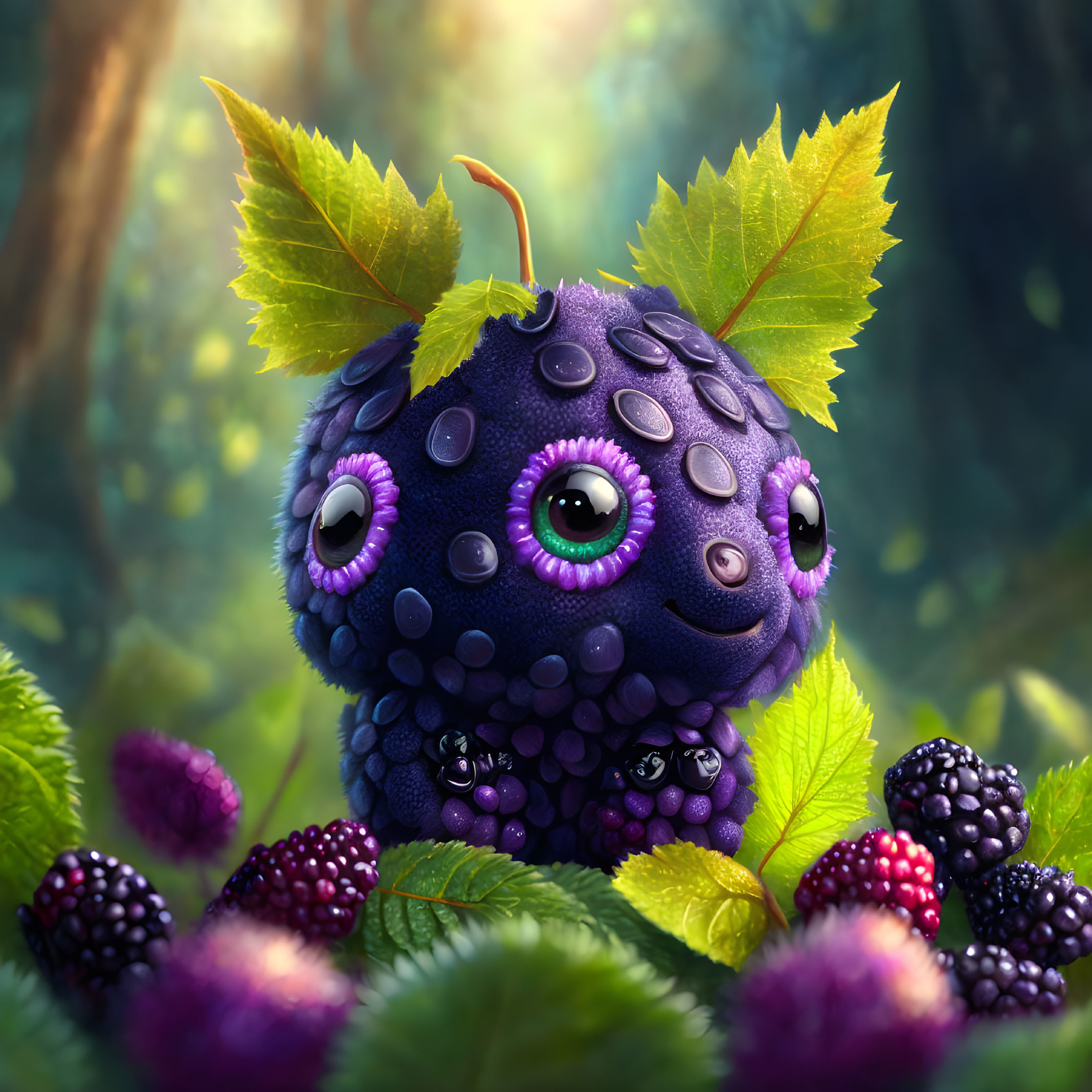 Purple Berry-Like Creature with Multiple Eyes and Smile Among Leaves and Blackberries in Forest