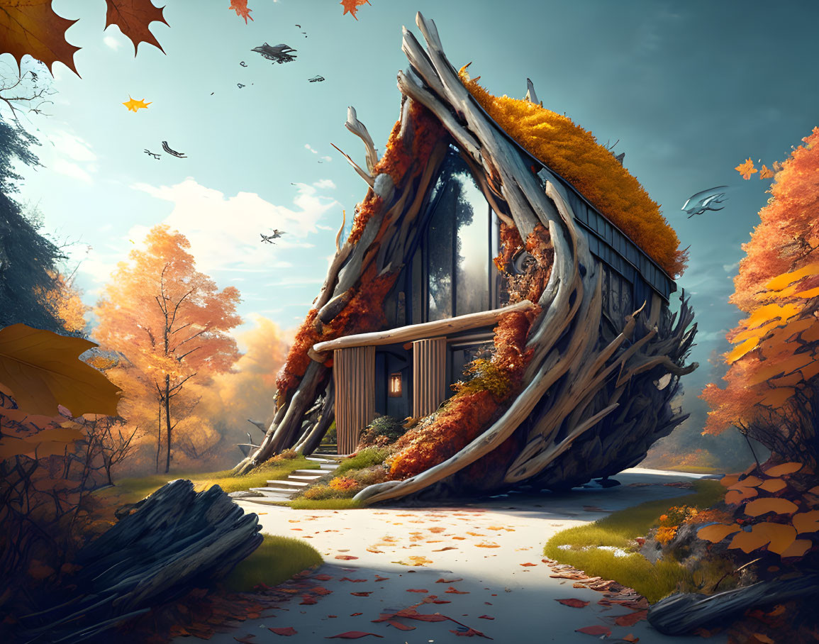 Curved thatched roof wooden house among autumn trees and twisting roots