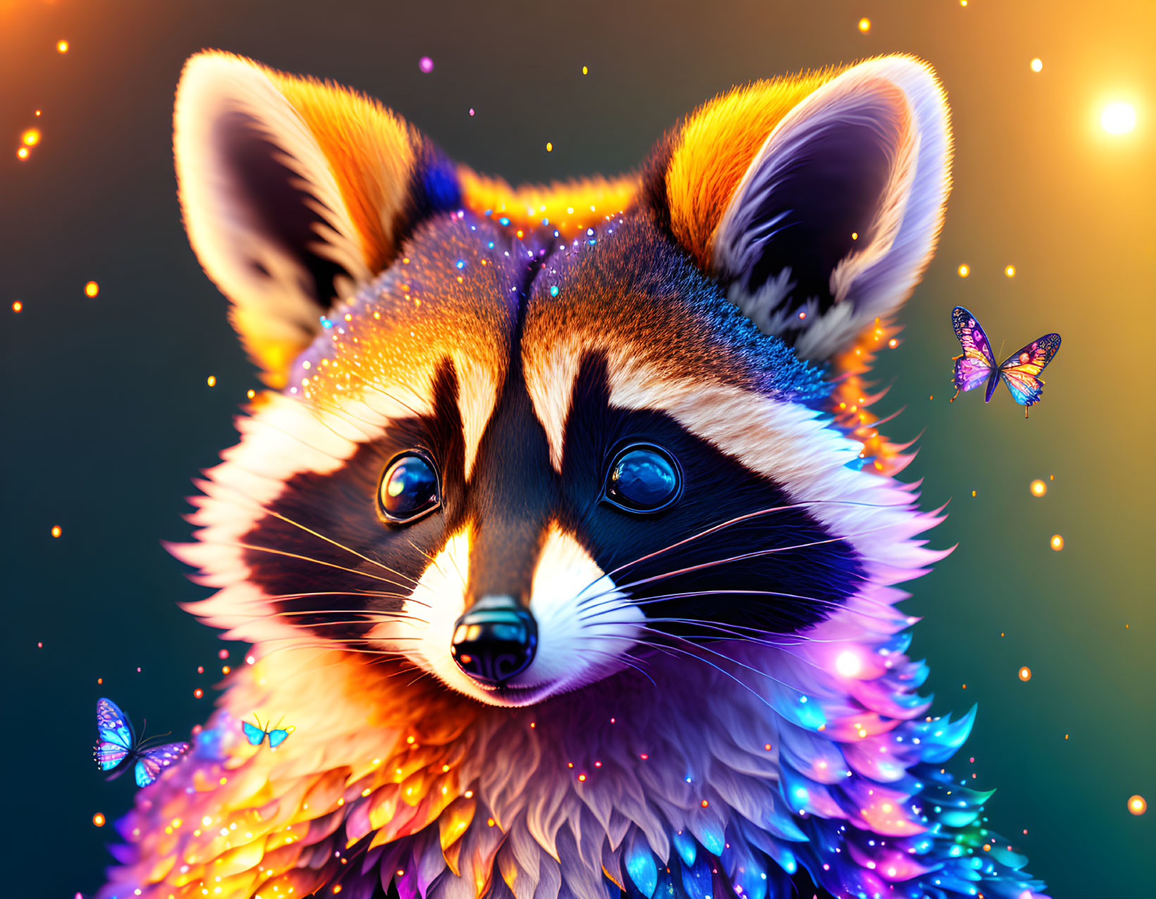 Colorful raccoon digital art with glowing butterflies