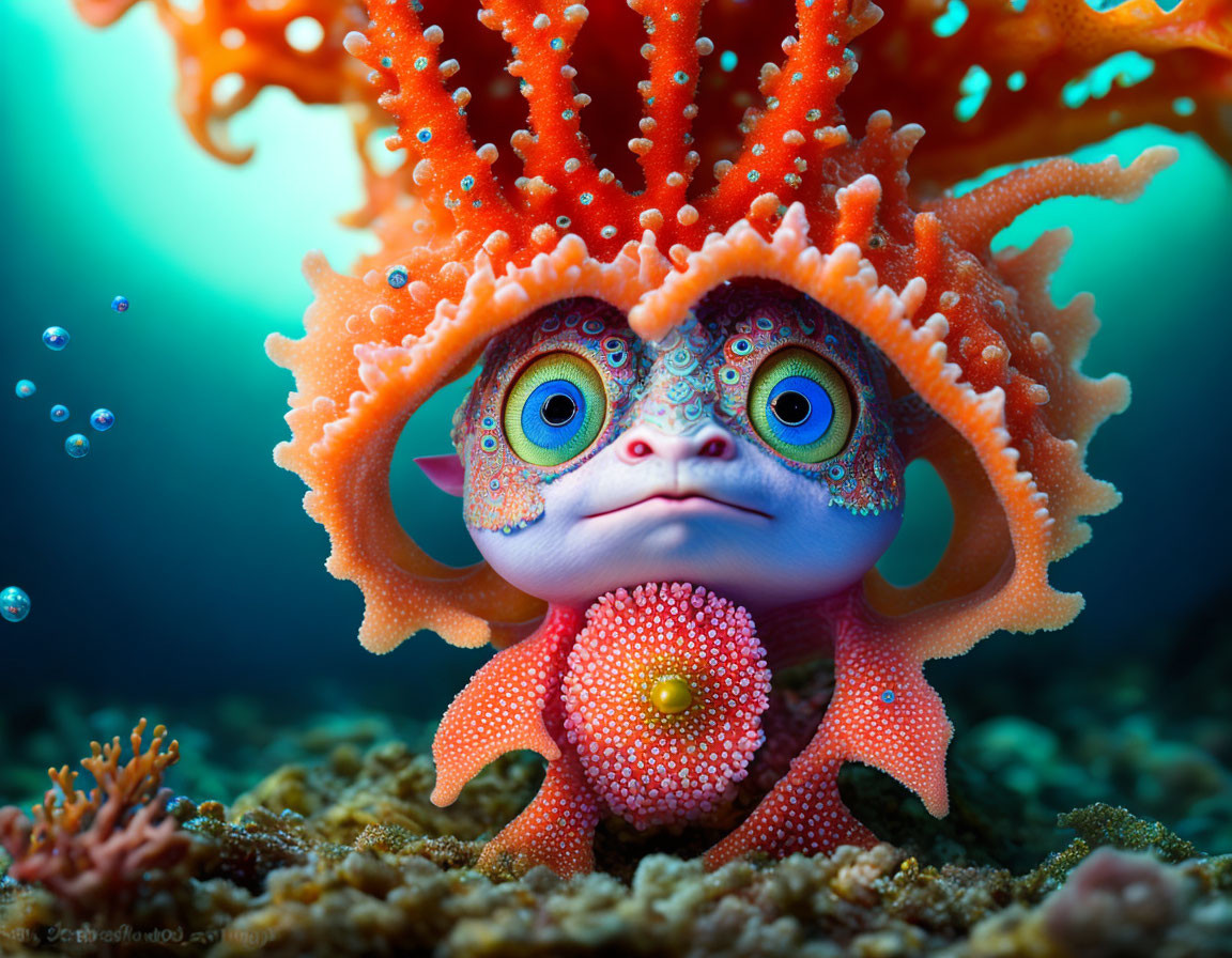 Colorful sea creature with orange coral appendages in coral reef environment