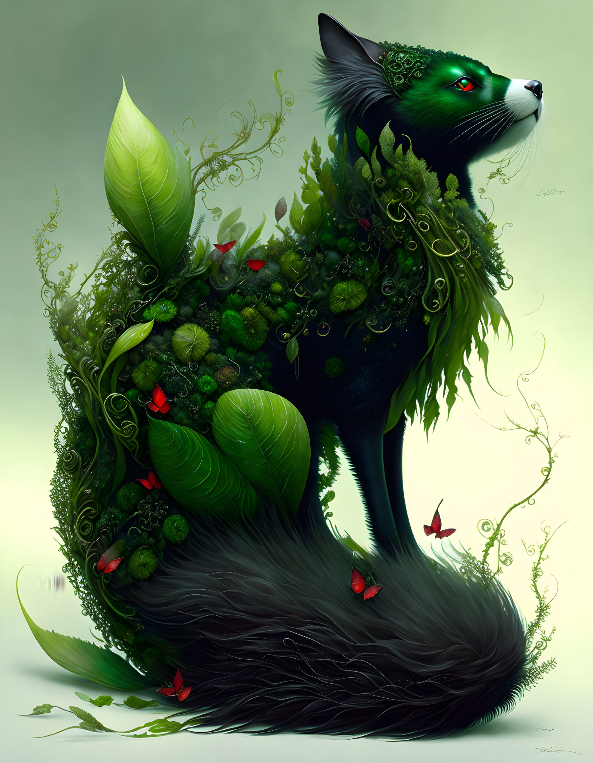 Illustration of fox with green plant motif and butterflies