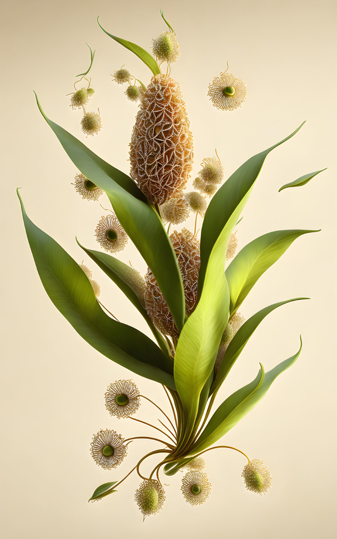 Stylized plant with pinecone center and leaves on beige background