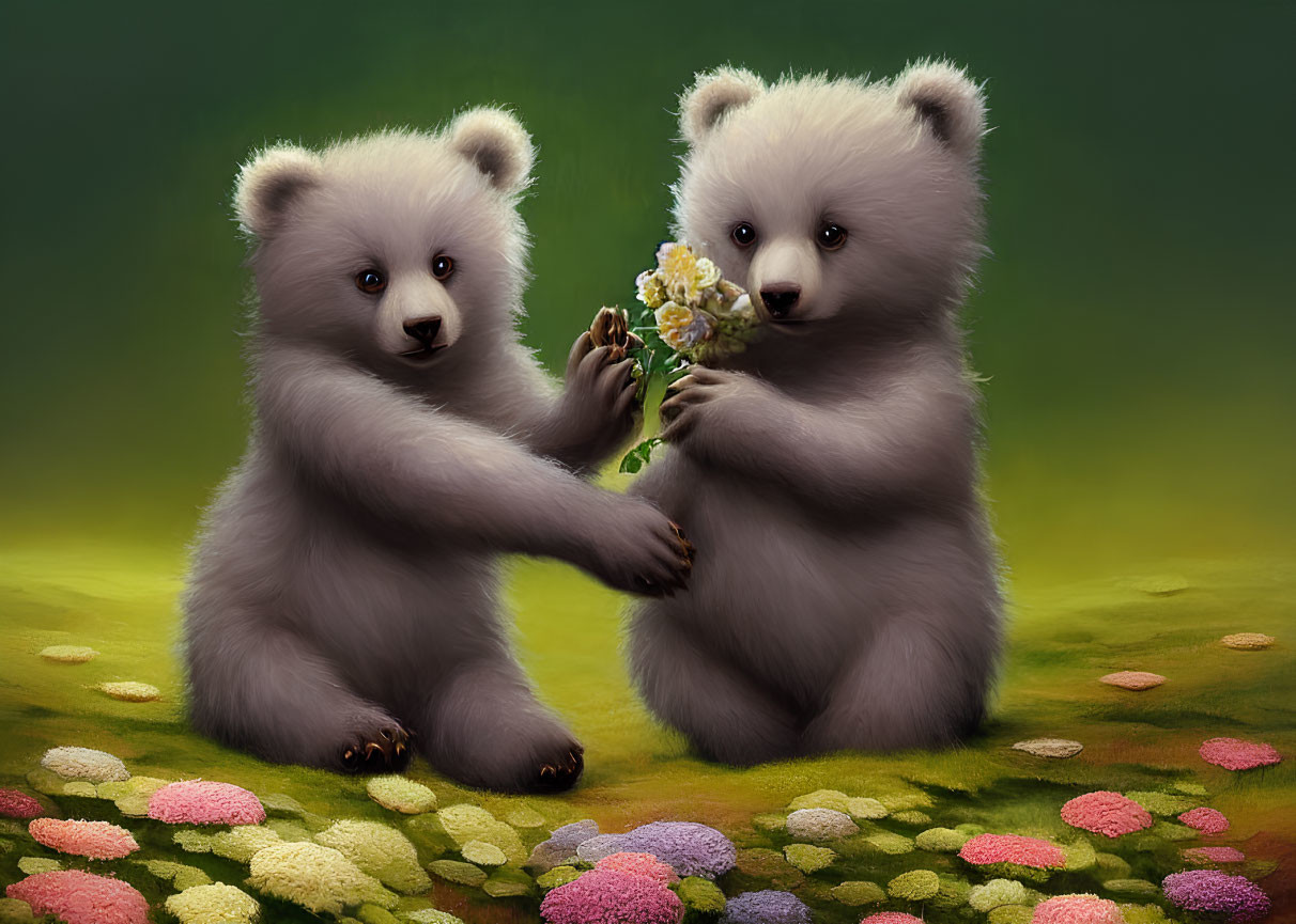 Fluffy bear cubs with colorful flowers on soft green backdrop