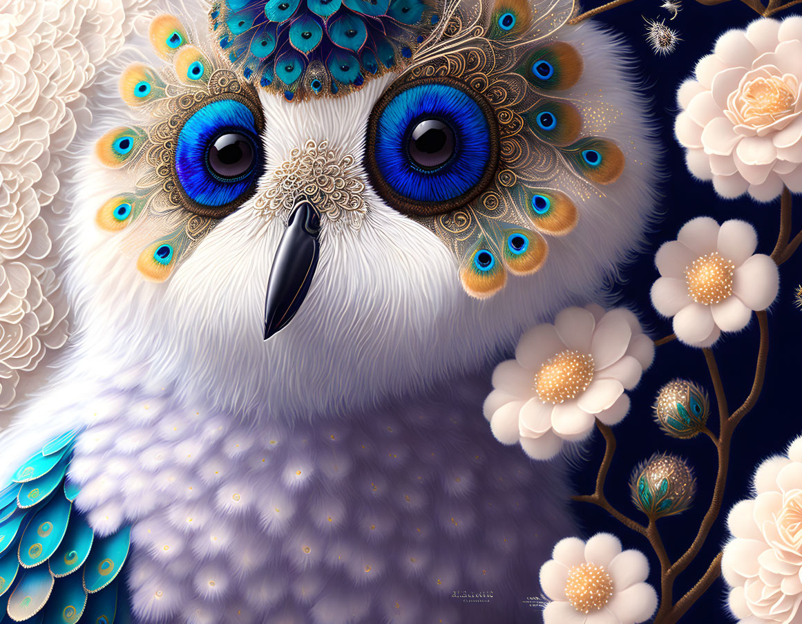 Illustrated owl with blue eyes and peacock feathers in a floral setting