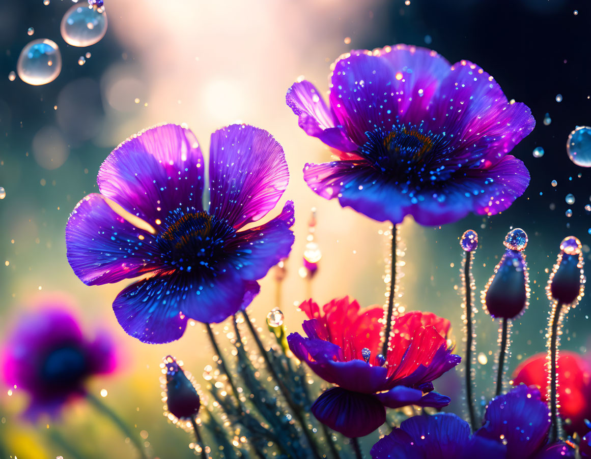 Colorful Blue and Red Poppies with Dewdrops on Bokeh Background