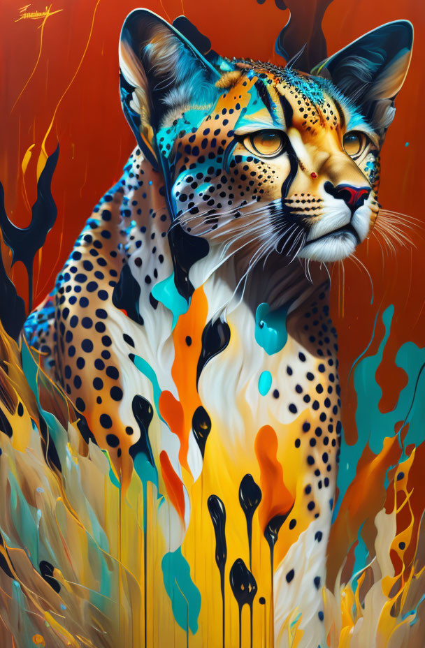 Colorful surreal painting of a cheetah with melting spots in vibrant hues.