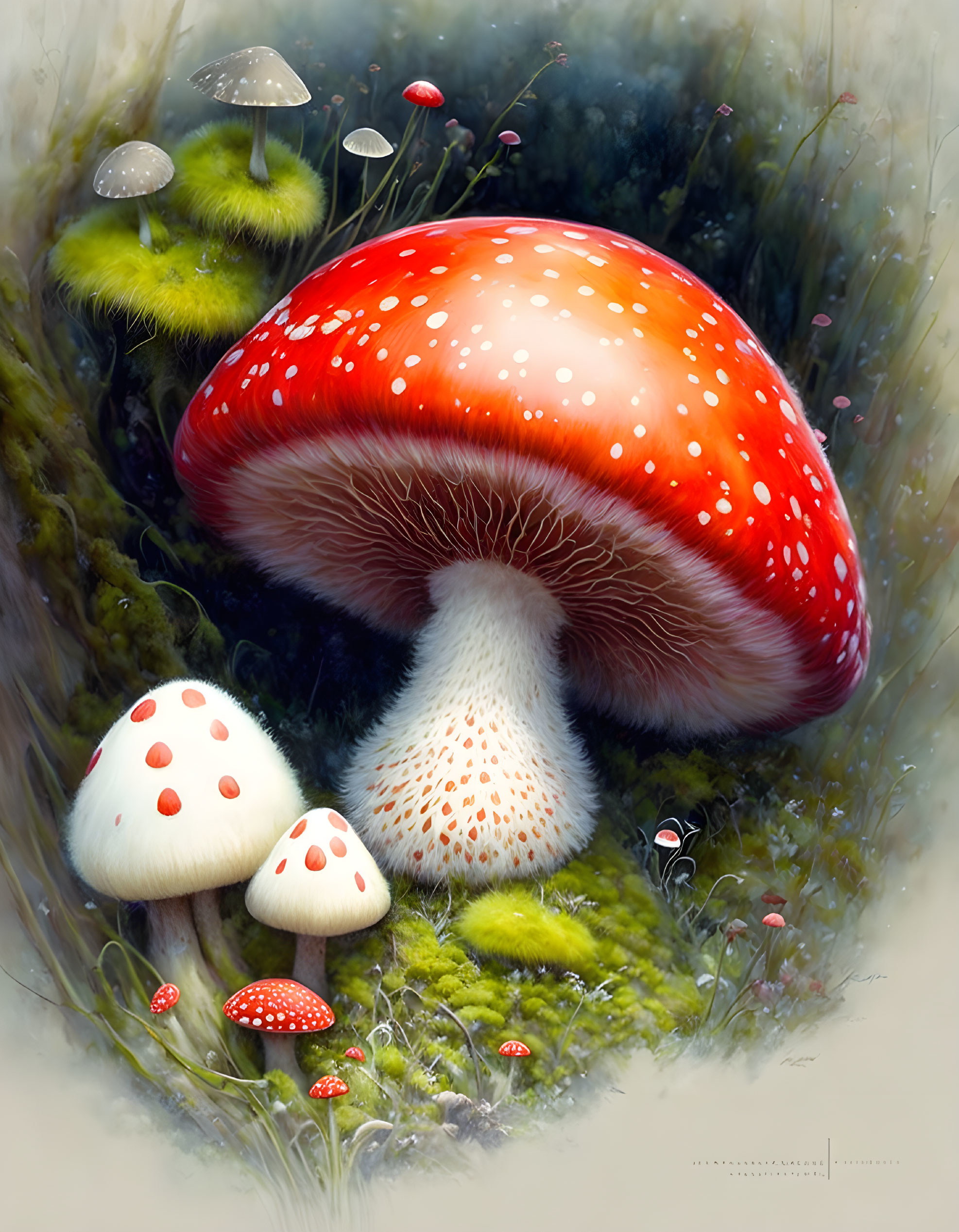 Colorful red and white spotted mushrooms in lush green moss with misty effects