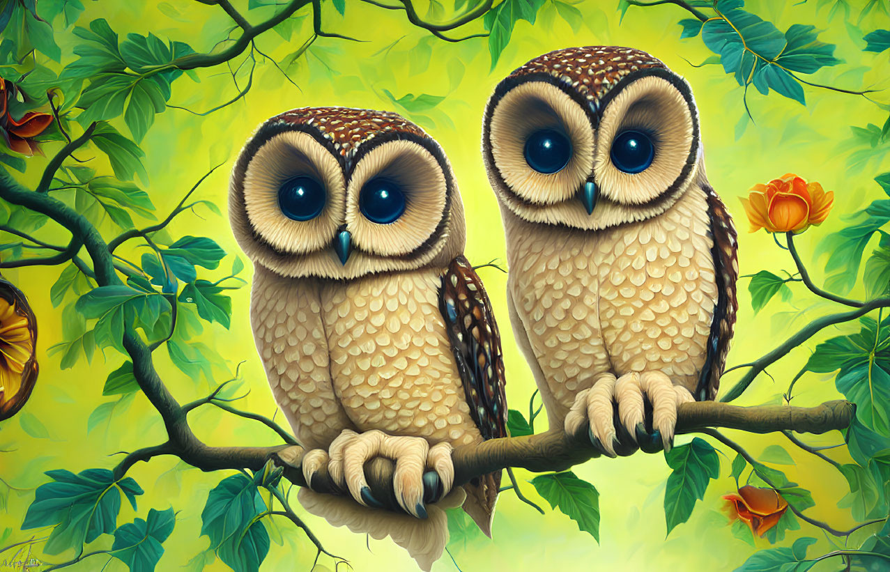 Stylized cartoon owls perched on a branch with expressive eyes amid green foliage.