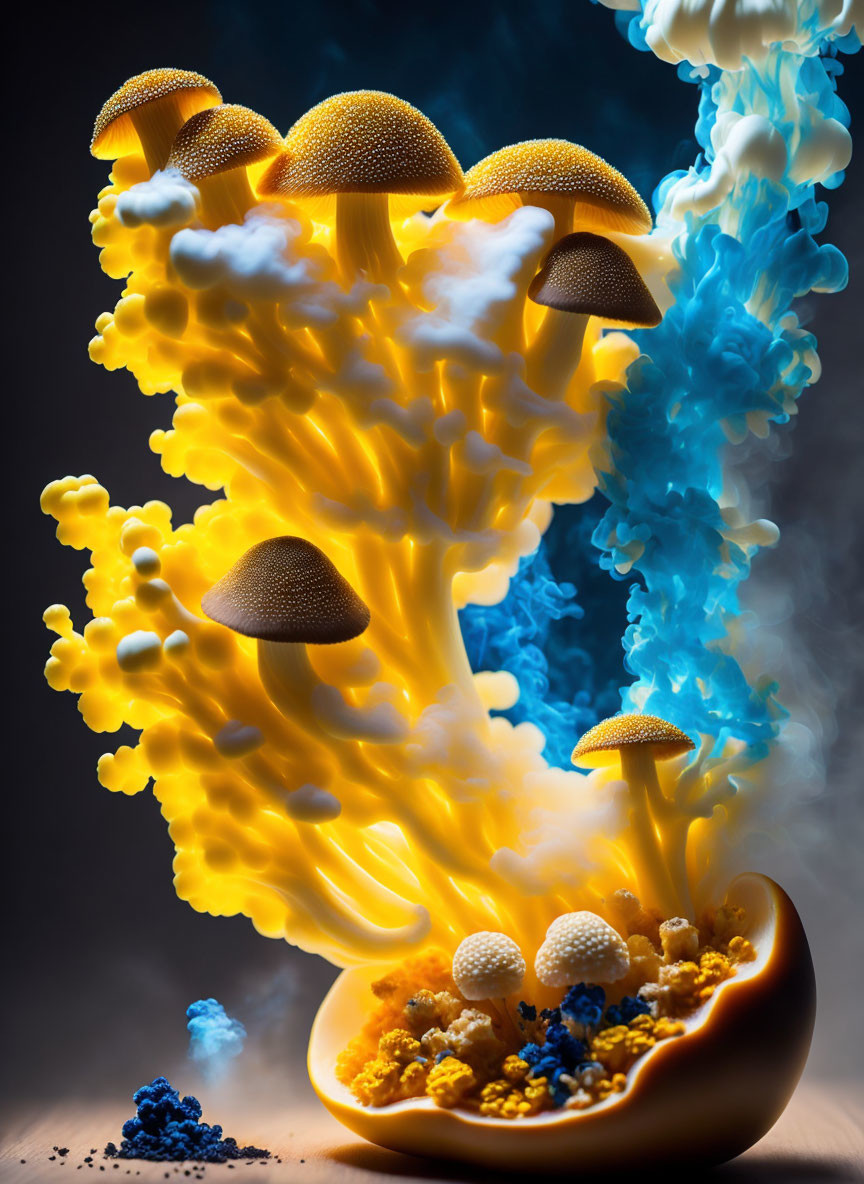 Colorful chemical reaction resembling a mushroom cloud in orange and blue hues.