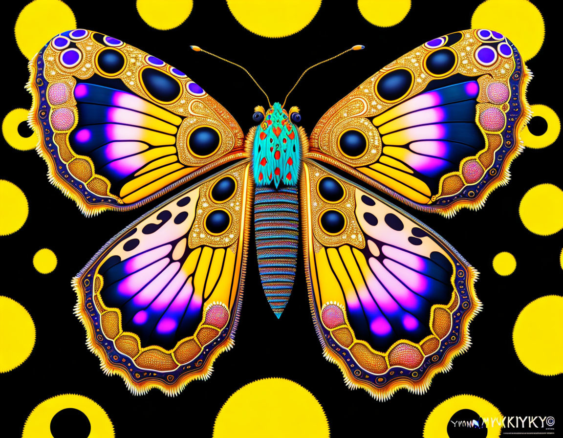 Colorful Butterfly Digital Illustration with Intricate Patterns on Black Background