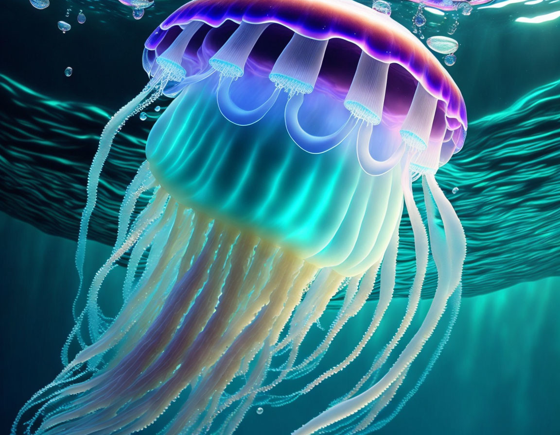 Colorful Luminescent Jellyfish with Trailing Tentacles Underwater