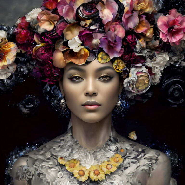 Vibrant flower headdress on person with striking makeup