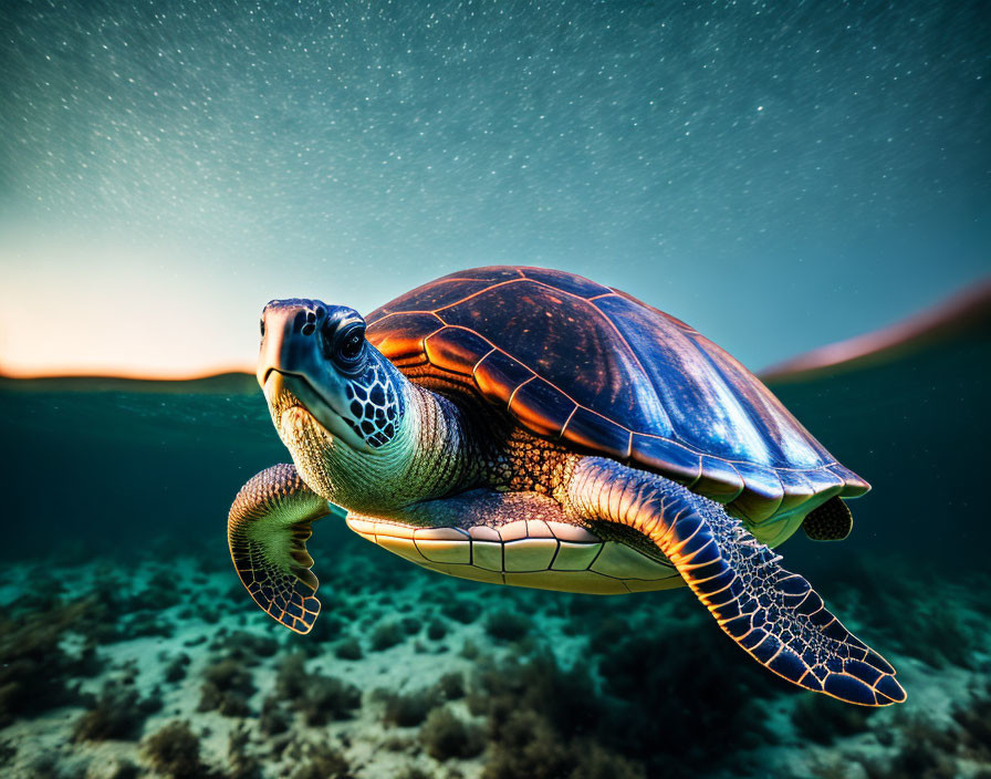 Underwater Sea Turtle with Starry Sky Background