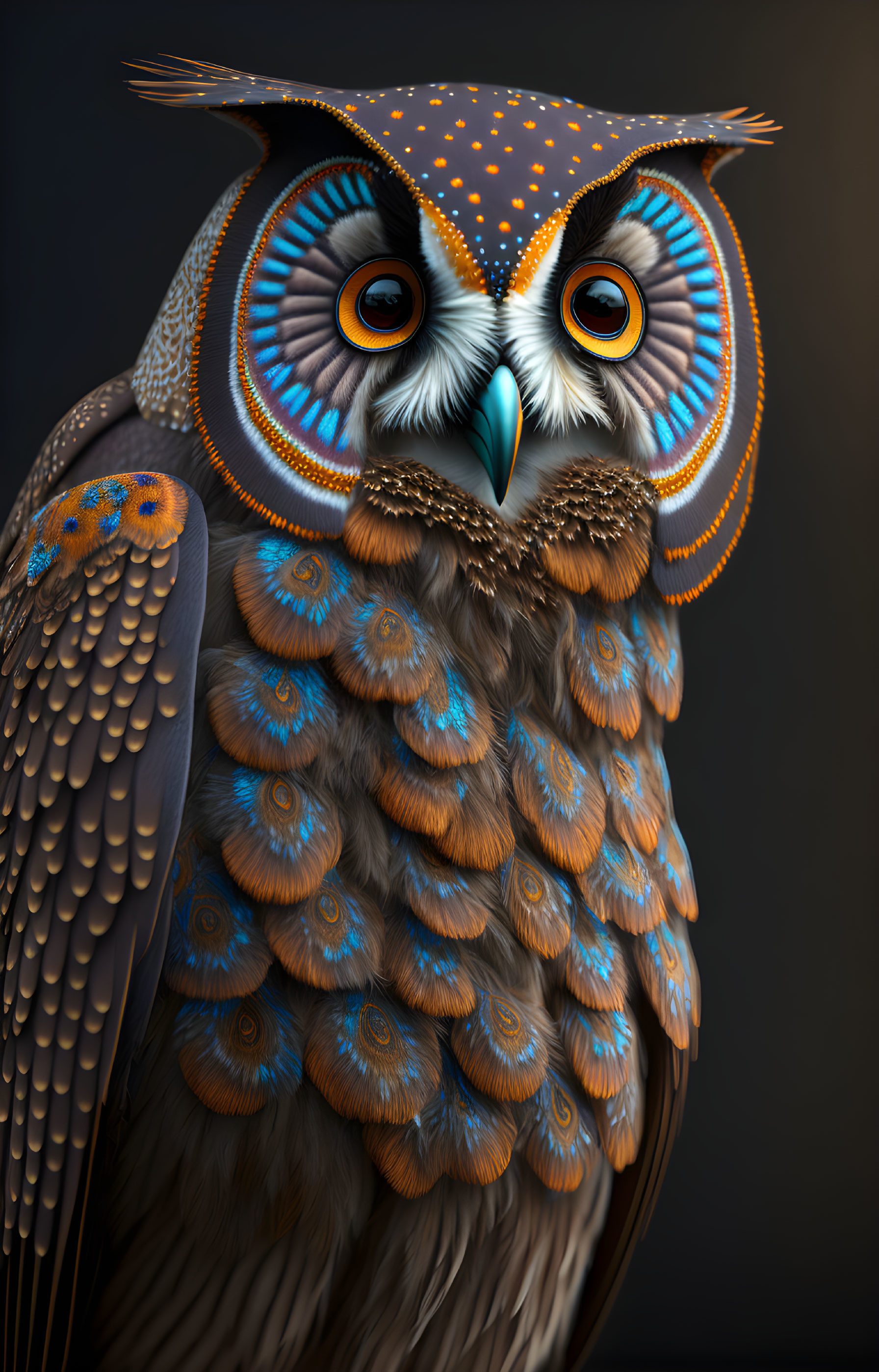 Colorful Owl Illustration with Intricate Patterns on Dark Background