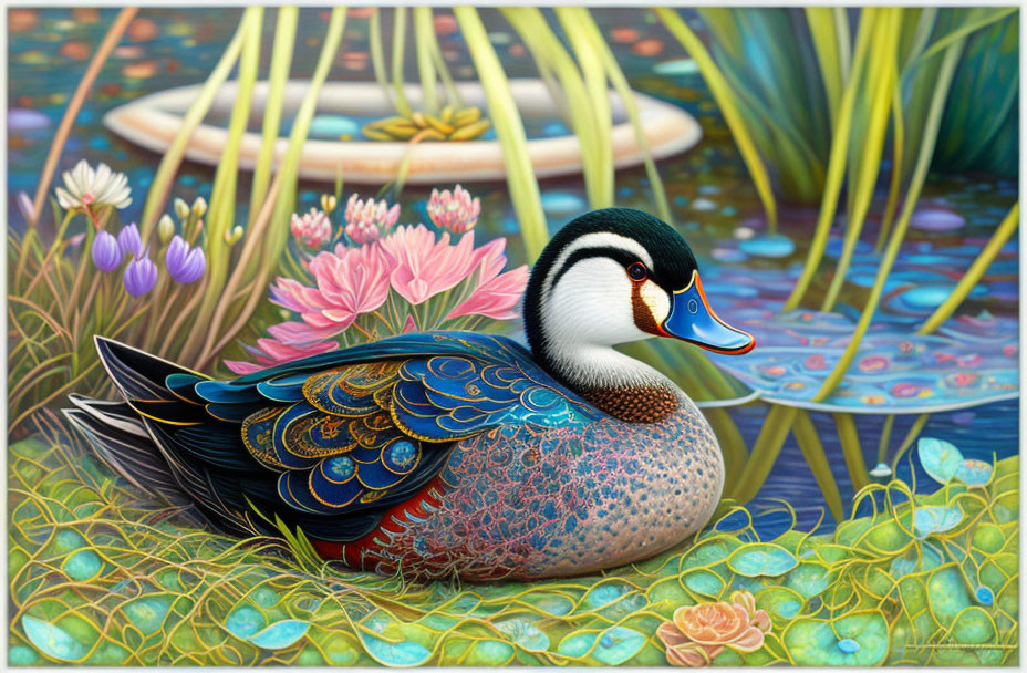 Colorful Duck Resting by Pond with Lily Pads and Flowers