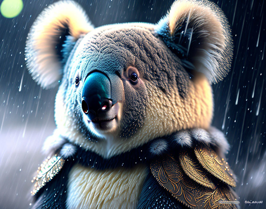 Digital artwork featuring koala with human-like expression wearing golden neck-piece in snowfall