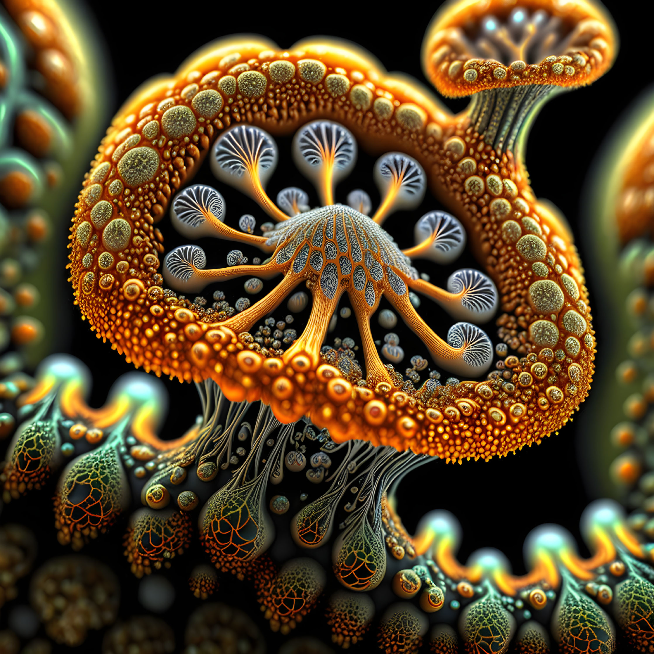 Detailed 3D fractal art: organic tree structure, intricate patterns, warm colors on dark background