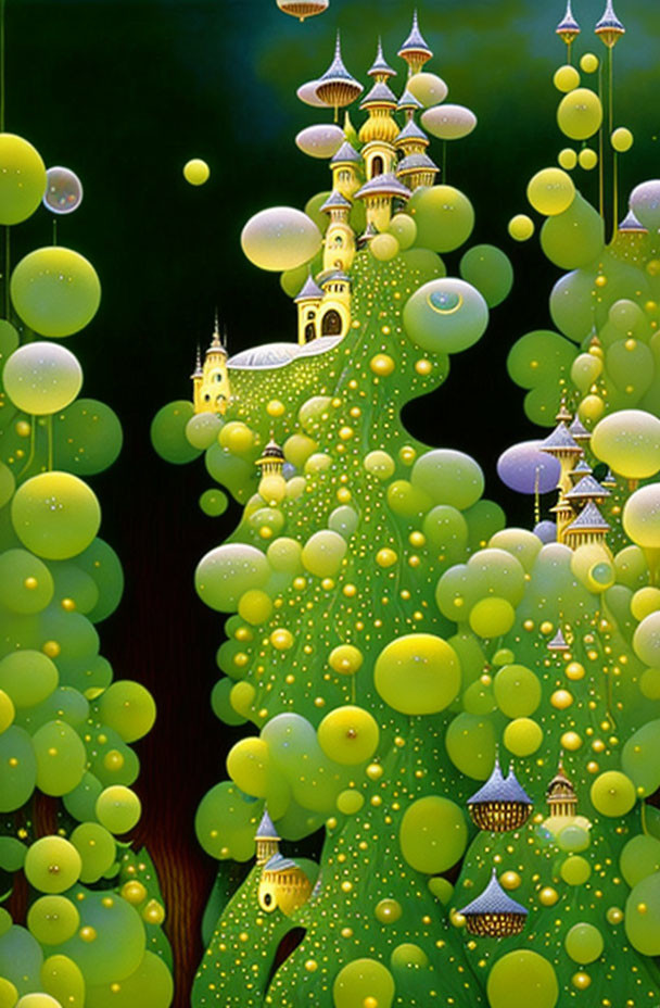 Fantastical landscape with green and yellow bubble hill and whimsical towers